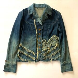 90s Y2K Denim Jacket Women Small Western Distressed Bling Montana Co Embroidered